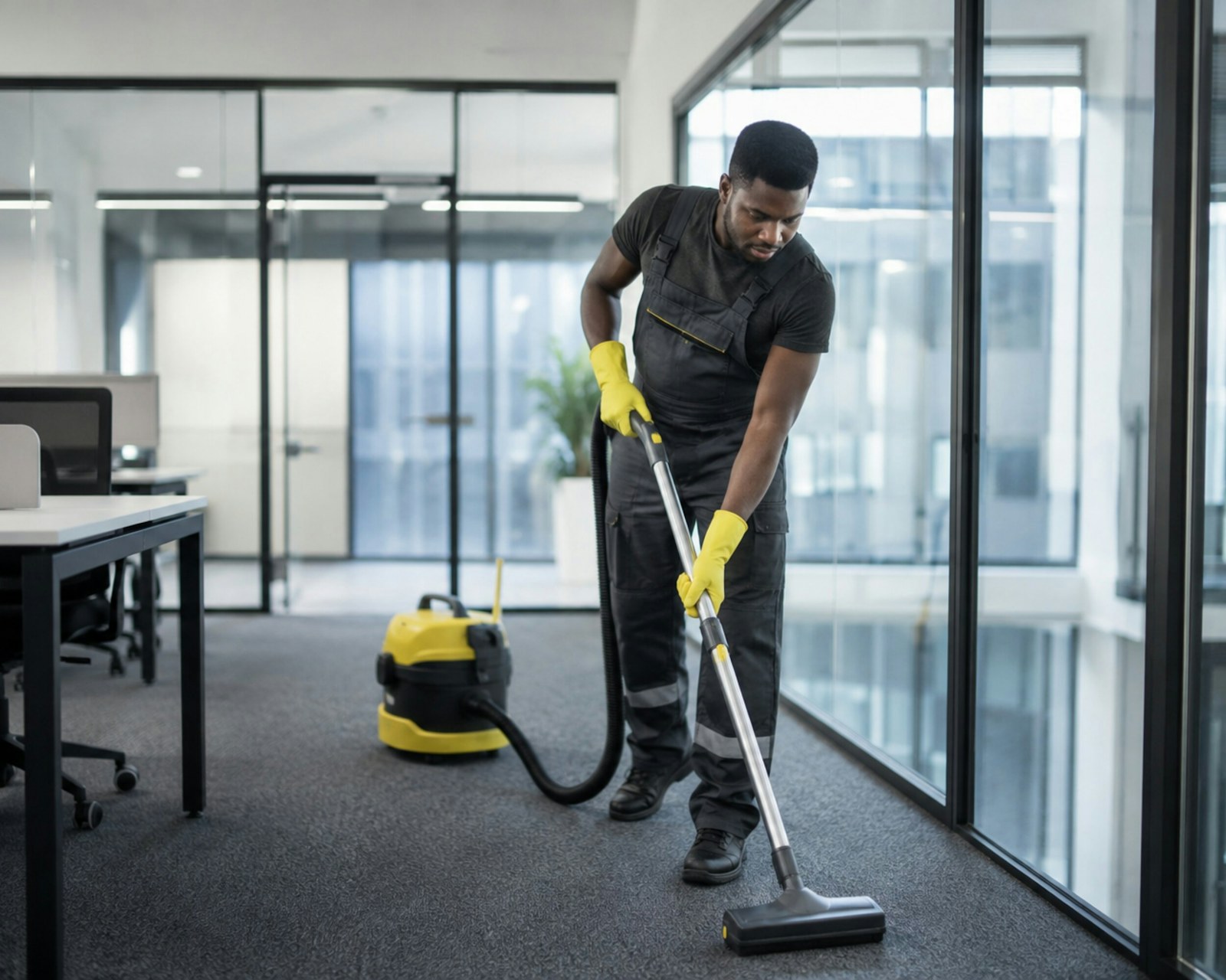 Cleaning professional vacuuming an office floor